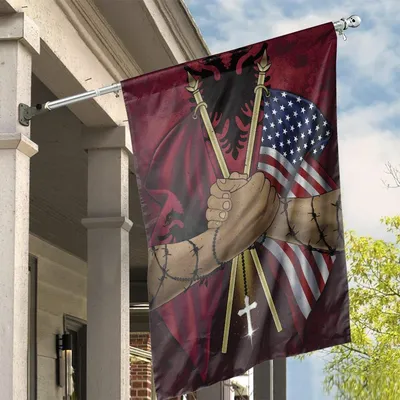 Usa And Albania Unity House Flag, Barbed Wire Arms With Cross And Flags Of Faith And Resistance Vertical House Flag
