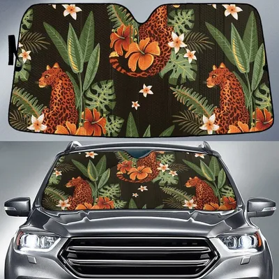 Mighty Cheetah Animal And Orange Hawaiian Hibiscus Flower Car Sun Shades Cover Auto Windshield PrintSyde