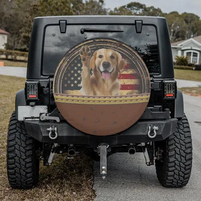 Patriotic Golden Retriever Spare Tire Cover, American Flag Dog Design, Brown Leather Look With Paw Prints, Cute Pet Lover Gift For Usa Pride Spare Tire Cover