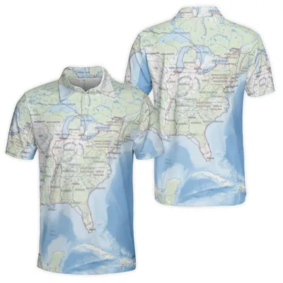 Men'S Usa Map Print Polo, All-Over North America Geographic Polo Shirt, Casual Travel Polo Shirt