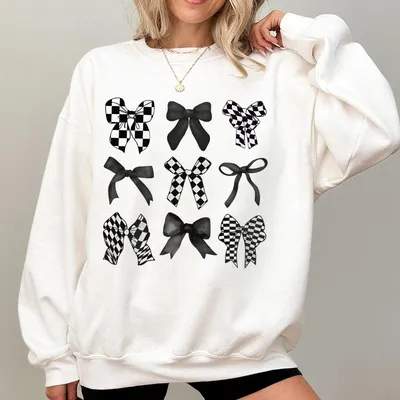 Coquette Checkered Black Bow Sweatshirt Checkered Mom Sweatshirt Cotton Round Neck Sweatshirt Unisex Sweatshirt For Men And Women Menswear