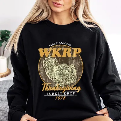 First Annual Wkrp Turkey Drop Thanksgiving Sweatshirt, Funny Turkey Day Sweatshirt For Men & Women, In Cincinnati Movie Sweatshirt, Retro Thanksgiving Gift Top