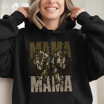 Mama Camo Coquette Bow Graphic Hoodie, Retro Hunting Style, Old School Camo Hoodie For Girls, Perfect Gift For Women And Moms