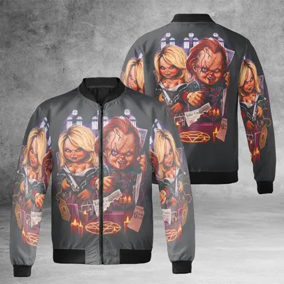 Bomber Jacket,Chucky Bride Of Chucky Horror Movie Graphic,Killer Doll Fan Gear,Halloween Costume Bomber Jacket