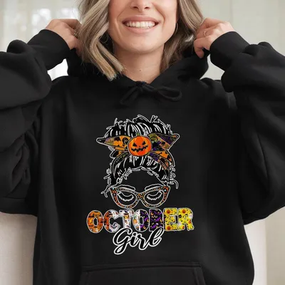 October Girl Hoodie Cute Halloween For Women Pumpkin Witch Bat Graphic Hoodie Cozy Fall Autumn Outfit