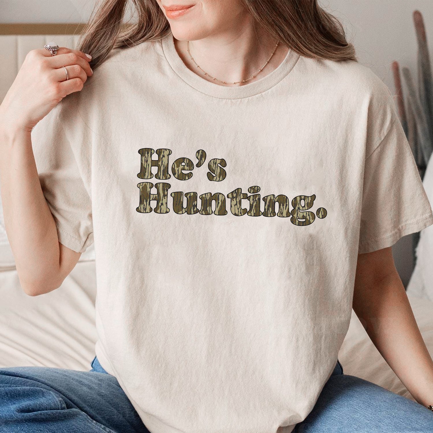 He is Hunting Camoflauge Bottomland Pattern T-shirt