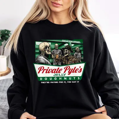 Private Pyle’S Jelly Doughnuts Sweatshirt With Skeleton Drill Sergeant Artwork, Military Humor Graphic Sweatshirt, Soft Blend Sweatshirt, Casual Apparel For Men