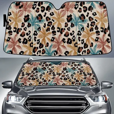 Chromatic Coconut Palm Tree Over Black Leopard Skin Car Sun Shades Cover Auto Windshield PrintSyde