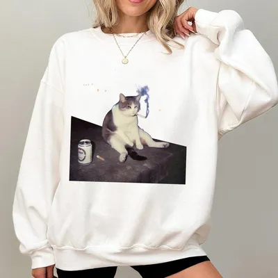 Funny Cat Vintage Sweatshirt Heavyweight 280g Regular Fit Casua Breathable  Funny Sweatshirt
