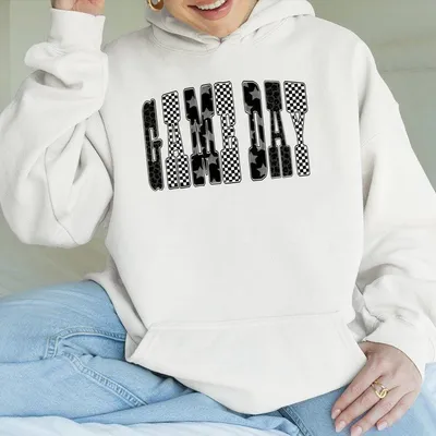 Black White Game Day Hoodie, Graphic Game Day Hoodie, Checkered Star Football Hoodie, Gift For Football Lover, Unisex Hoodie