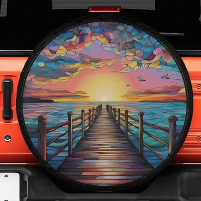 Sunset Beach Spare Tire Cover, Colorful Sky And Ocean Wave Design, Tropical Landscape Wheel Cover, Waterproof Uv Protection, Universal Fit Spare Tire Cover