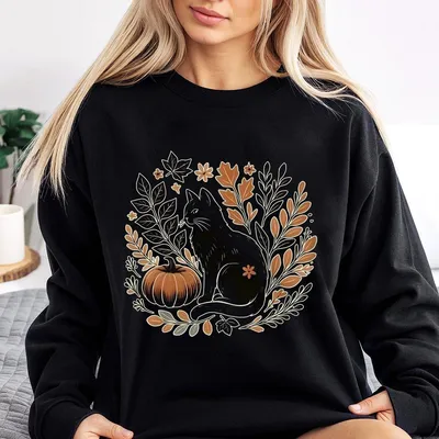 Made In Usa Black Cat Fall Vibes Sweatshirt Pumpkin Leaves Spooky And Sweet Graphic Sweatshirt Or Sweatshirt Trendy Vintage Inspired