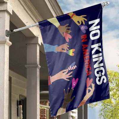 No Kings In America House Flag, Diverse Hands Holding Hearts, Equality And Unity Message, Patriotic Blue Background Banner Horizontal House Flag