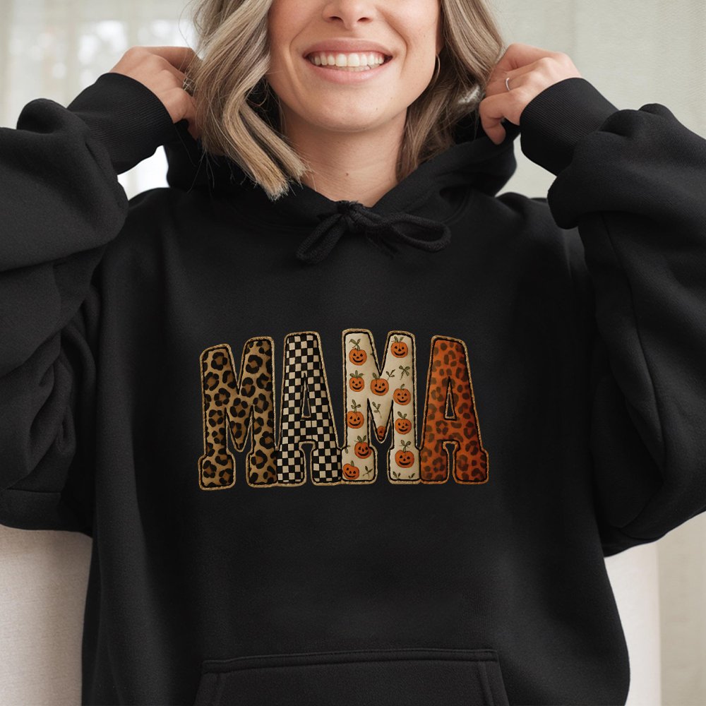 Fall Mama Hoodie Halloween Patchwork Print Letters Hoodie Pumpkin Leopard Checkered Sublimation Hoodie Cozy