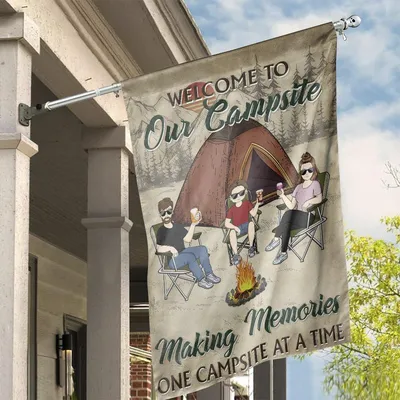 Welcome To Our Campsite Flag, Family Camping Memories Outdoor House Flag Vertical House Flag