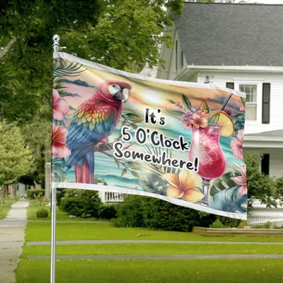 It’S 5 O’Clock Somewhere Tropical Parrot Cocktail Beach Horizontal House Flag, Summer Decor Horizontal House Flag