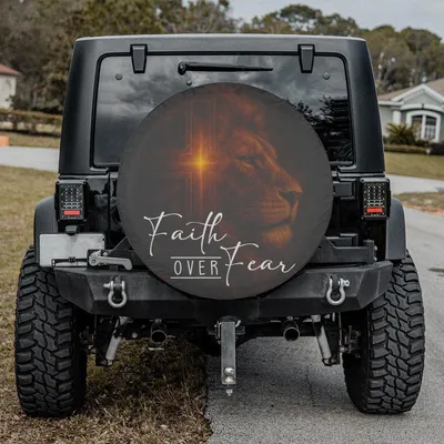 Lion Faith Over Fear Spare Tire Cover - Inspirational Christian Art, Dark Warrior Strength Graphic, Universal Waterproof Tire Protector Spare Tire Cover
