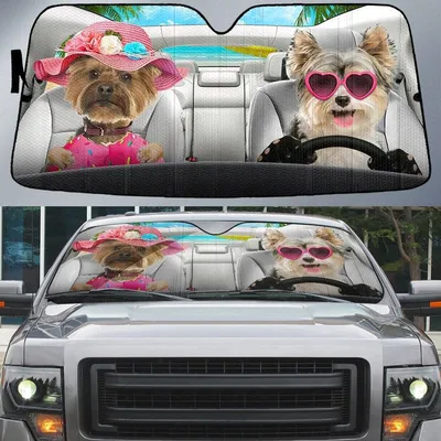 Yorkshire Terrier-Poo-Dog Summer Vacation Couple Car Sun Shade Cover Auto Windshield