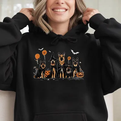 German Shepherd Halloween Hoodie Cute Dogs In Witch Hats And Capes With Pumpkins For Spooky Season