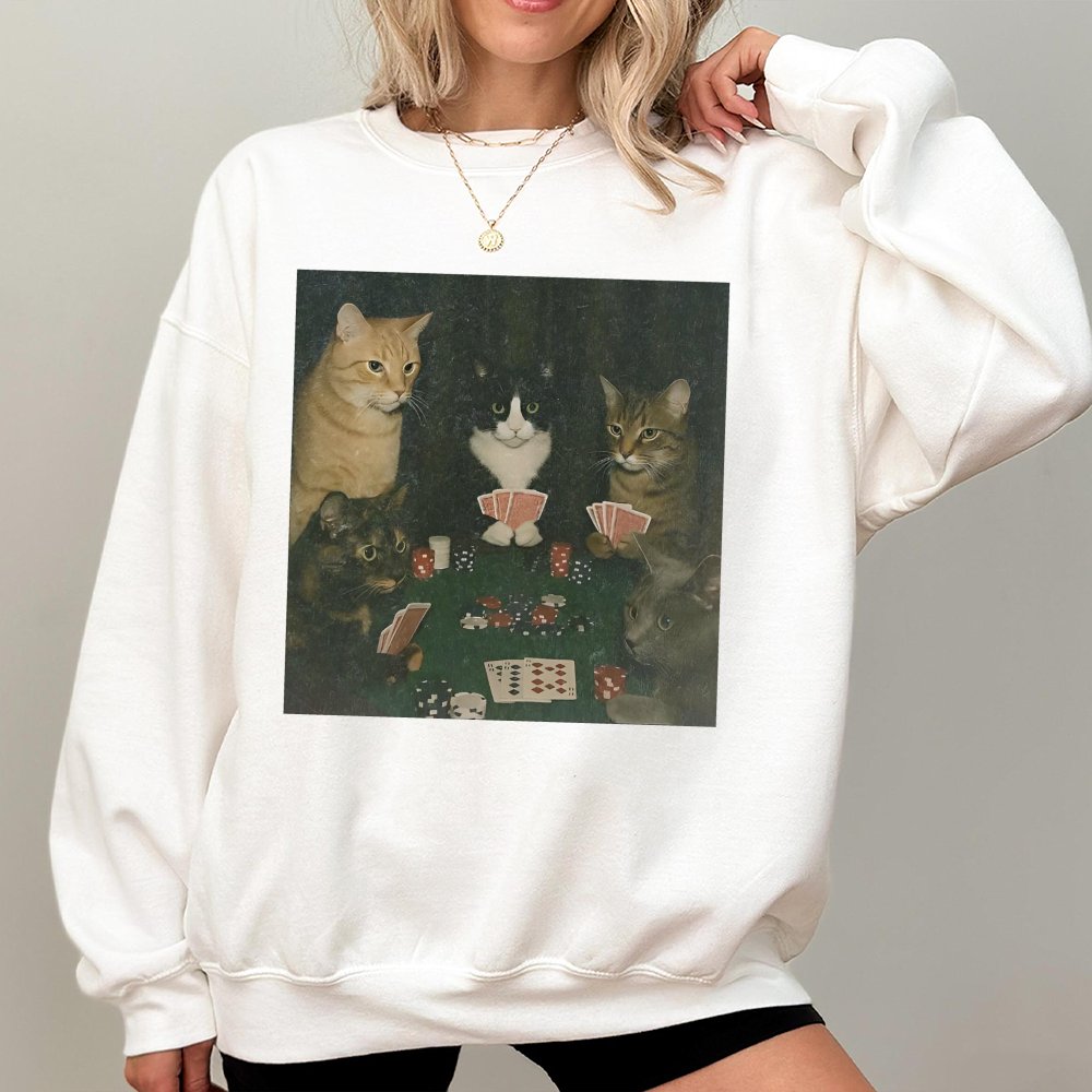 Funny Animal Vintage Graphic Sweatshirt Royal Flush Felines Sweatshirt Cat Sweatshirt Gifts For Friends Unisex Meme Cringe Funny Sweatshirt