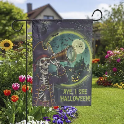 Skeleton Pirate Halloween Flag , Double Sided Outdoor Yard Deco Vertical Garden Flag