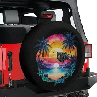 Tropical Sunset Beach Design, Palm Trees Ocean View Retro Art, Colorful Paradise Summer Vacation Graphic Spare Tire Cover