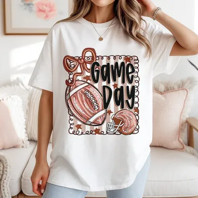 Touchdown Football T-Shirt Game Day Fall T-Shirt Coquette Bow Graphic Sporty Mama Style 100 Cotton T-Shirt For Women
