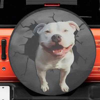 White Pitbull Dog Cracked Spare Tire Cover , Pit Bull Dog Owners Wheel Covers Camper Automotive Exterior Accessory , Universal Fits Tire For Travel Trailer Rv Ac Spare Tire Cover