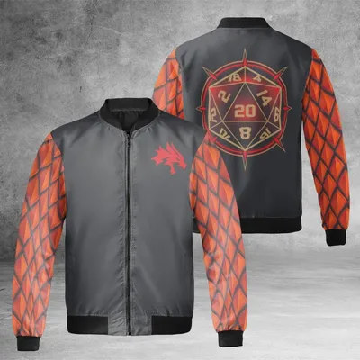 D&D D20 Bomber Jacket, Windproof, Dragon Scale Pattern, Tabletop Rpg Dice Coat, Blackorange Bomber Jacket