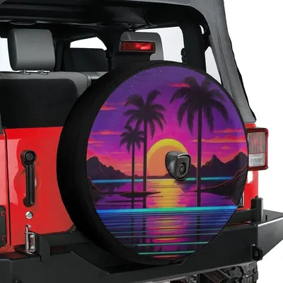 Retro Sunset Palm Trees Spare Tire Cover, Tropical Beach Neon Design, Summer Vacation Island Art, Aesthetic Car Accessory Gift Spare Tire Cover