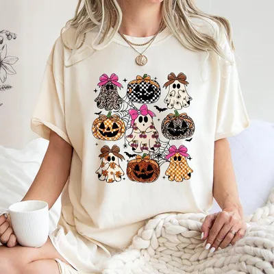 Coquette Leopard Ghost T-shirt ,Girly Checkered Pumpkin Shirt,Cute Spooky Cherries Halloween Top