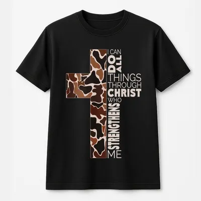 Camouflage Cross T-Shirt - Inspirational Scripture With Bold Cross Design, Unisex Casual T-Shirt, Stylish & Motivational