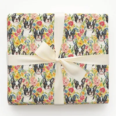 Garden with the Boston Terrier - Gift Wrap for Christmas, Holidays Wrapping Paper, Christmas Wrapping Paper