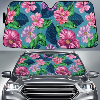 Dry Purple And Pink Chinese Hibiscus Flower Green Leaf Pattern Car Sun Shades Cover Auto Windshield PrintSyde