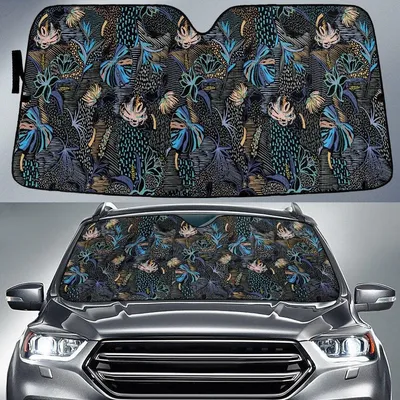 Blue Tone Monstera Leaf Grey Black Stripes Thin Line Car Sun Shades Cover Auto Windshield PrintSyde