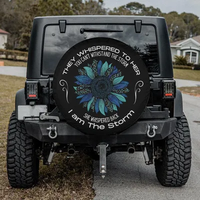 Blue Teal Sunflower I Am The Storm Spare Tire Cover - Inspirational Girl Power Art, Motivational Flower Graphic, Universal Waterproof Tire Protector Spare Tire Cover