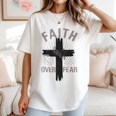 Faith Over Fear T-Shirt Bold Cross Design With Barbed Wire Motivational Quote Classic Fit Casual Streetwear