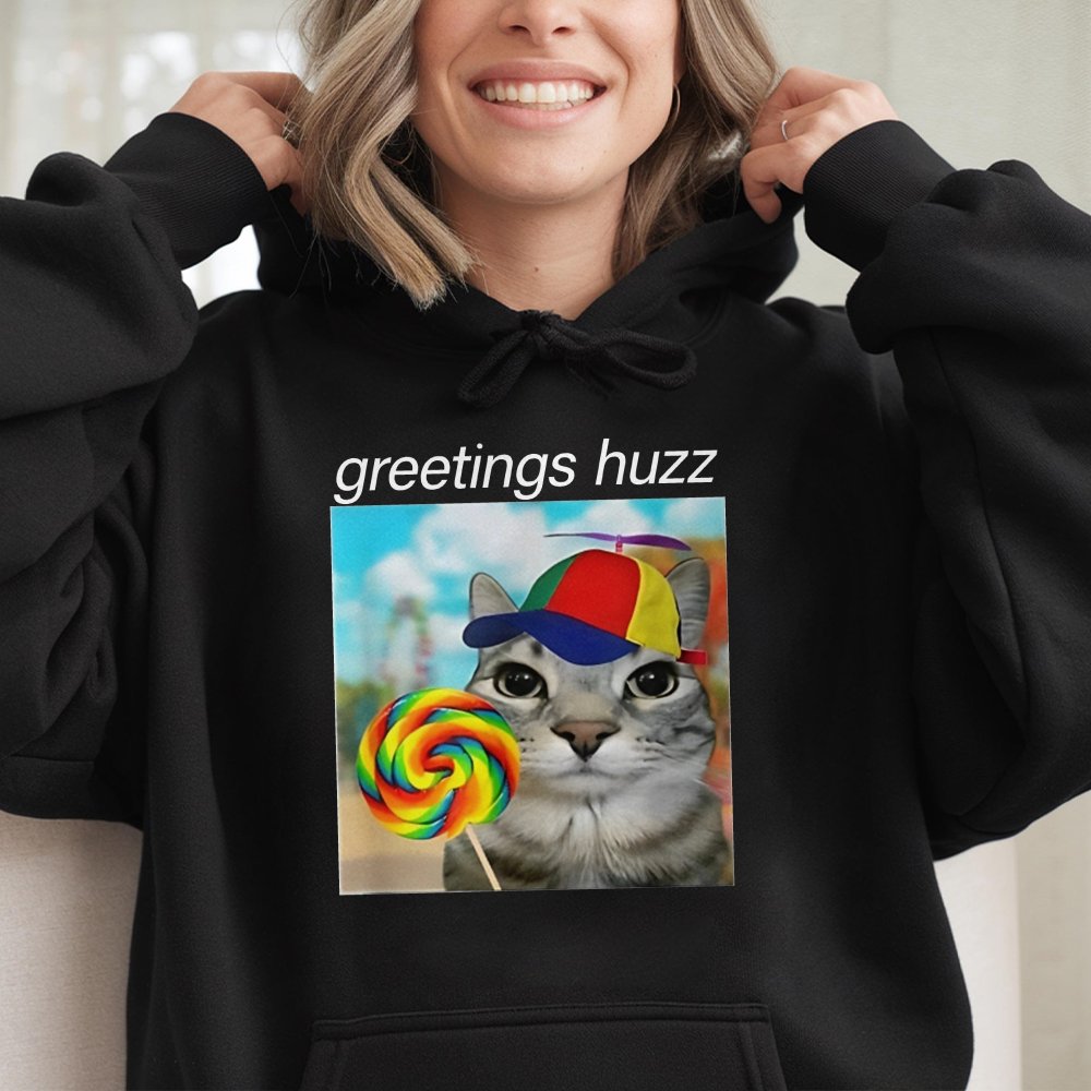Greetings Huzz Funny Gen Z Gen Alpha Slang Meme Hoodie Cat Meme Hoodie Classic Cotton Hoodie Printed