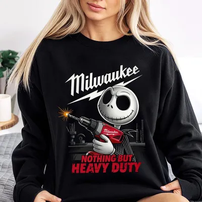 Milwaukee Halloween Character With Drilling Machine 2 Sided Sweatshirt, Halloween Character Graphic Cotton Sweatshirt, Unisex Style For Men And Women