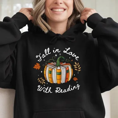 Fall In Love With Reading Hoodie, Fall Book Pumpkin Hoodie, Halloween Hoodie For Book Lovers
