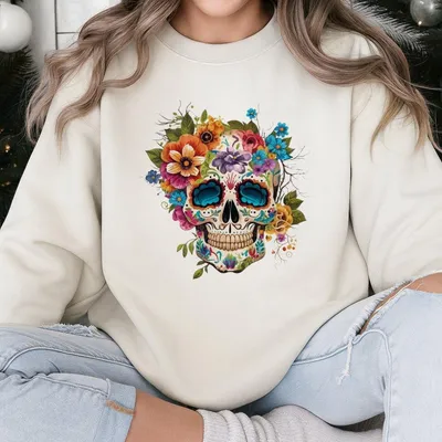 Day Of The Dead Sweatshirt, Sweatshirt, Sugar Skull Sweatshirt, Dia De Los Muertos Sweatshirt, Sugar Skull, Boho Graphic Unisex Sweatshirt