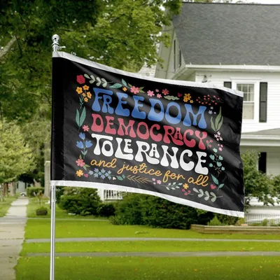 Freedom Democracy Tolerance Horizontal House Flag, Justice For All, Floral Border, Groovy Font Horizontal House Flag