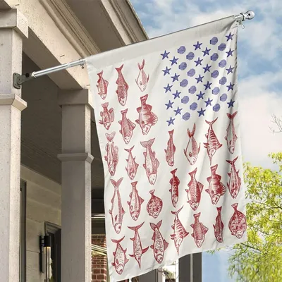 Fish & Sea Shells American Flag, Nautical Independence Day Decor, House Flag Decoration Vertical House Flag