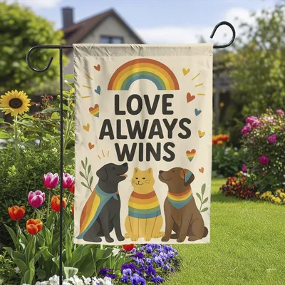 Pride Garden Flag “Love Always Wins”, Rainbow Dogs Yard Flag, Lgbtq Outdoor Decor, Pet Flag For Summer & Pride Month, Lgbtq Flag Vertical Garden Flag