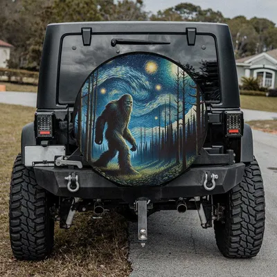 Spare Tire Cover, Bigfoot Sasquatch Night Walk, Starry Night Forest Art, Cryptid Wheel Cover, Backup Camera Hole Option, Universal Fit Suv Spare Tire Cover