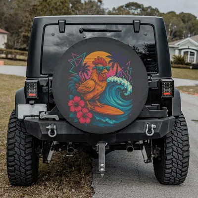 Surfing Rooster Square Tire Cover, Tropical Sunset Farm Animal Fun Spare Tire Cover