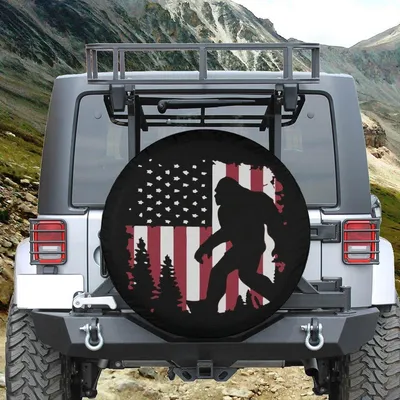 Patriotic Bigfoot Spare Tire Cover, American Flag Sasquatch Forest Design, Usa Pride Offroad Car Accessory Spare Tire Cover