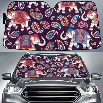 Aztec Elephants Vintage Paisley Pattern Purple Theme Car Sun Shades Cover Auto Windshield PrintSyde