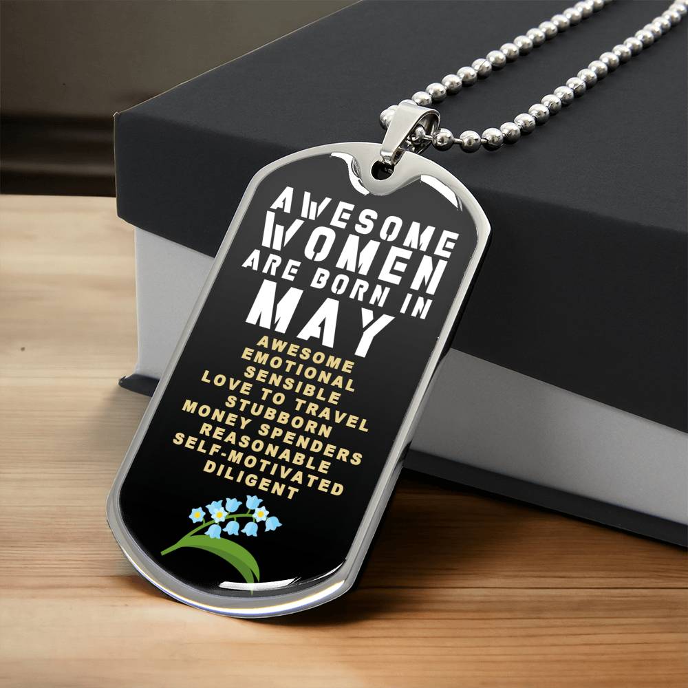 Awesome Women Are Born In May Luxury Necklace With Dog Tag Black - Army Tag Necklace, Dog Tag
