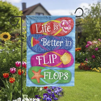 Life Is Better In Flip Flops Garden Flag, Colorful Beach Yard Banner With Sandals, Starfish And Shell, Summer Coastal Patio Or Porch Decor Vertical Garden Flag